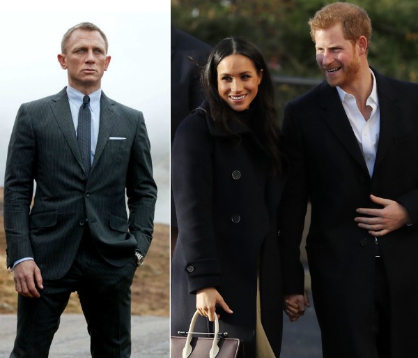 O ator Daniel Craig no papel de James Bond e a atriz Meghan Markle com o noivo, o Príncipe Harry (Foto: Reprodução/Getty Images)