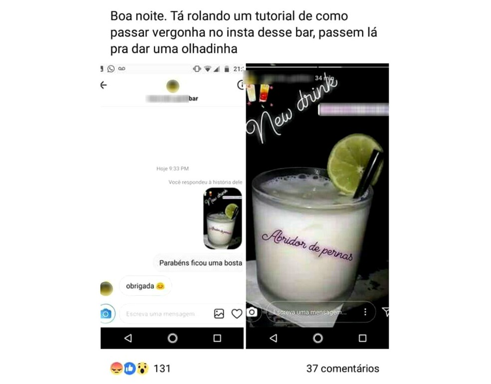 Drink ‘Abridor de pernas’ em bar de Macapá gera reclamações nas redes sociais (Foto: Reprodução/Facebook)