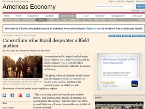 Financial Times repercute o leilão de Libra no Brasil. (Foto: Reprodução/Site Financial Times)