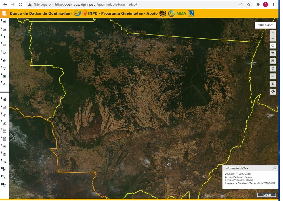 Imagem de satélite do Inpe, do dia 1º de agosto, mostra o estado de Mato Grosso quase sem fumaça. — Foto: Instituto Nacional de Pesquisas Espaciais (Inpe)