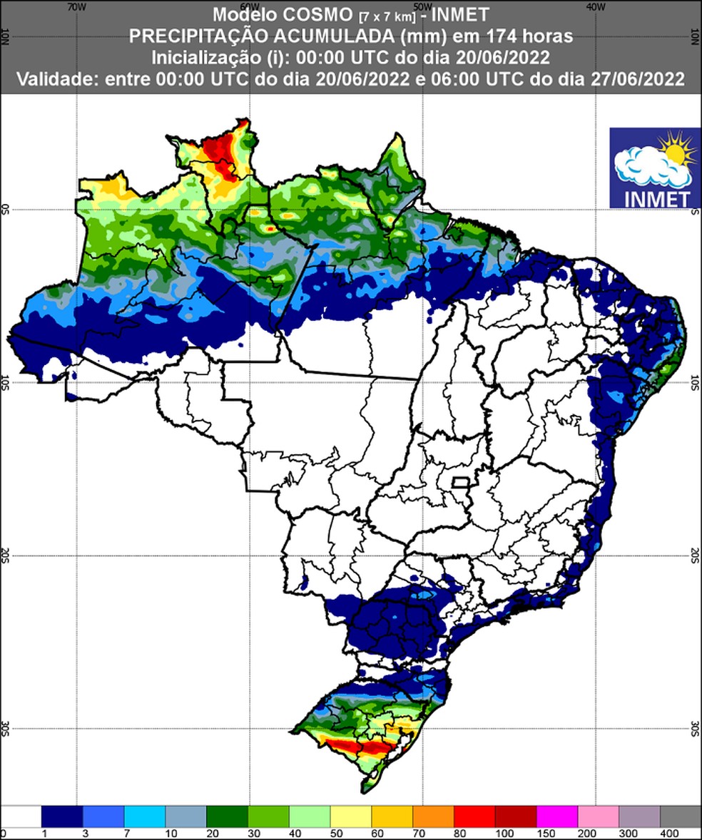 Previsão de chuva para 20 de junho a 27 de junho em todo o Brasil. — Foto: INMET