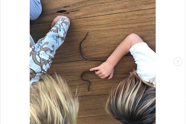Dois dos filhos de Chris Hemsworth e Elsa Pataky brincando com uma cobra (Foto: Instagram)