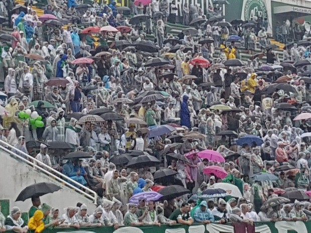 Torcedores aguardaram chegada dos corpos sob forte chuva na Arena Condá (Foto: Janir Júnior/Globoesporte.com)