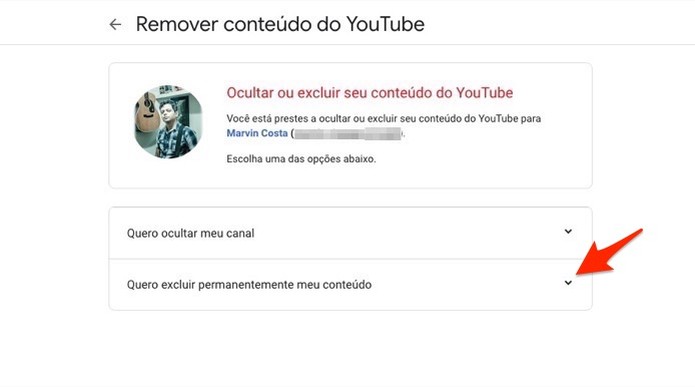 Ação para verificar as opções para excluir uma conta do YouTube (Foto: Reprodução/Marvin Costa) Ação para verificar as opções para excluir uma conta do YouTube (Foto: Reprodução/Marvin Costa)