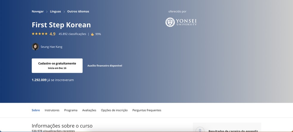 Coursera oferece curso de coreano gratuitamente e com certificado — Foto: Reprodução/Guilherme Ramos