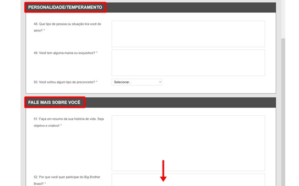 Pelo Gshow, candidato precisa preencher informações sobre si e sua personalidade para fazer a inscrição para o BBB 24 — Foto: Reprodução/Gabriela Andrade