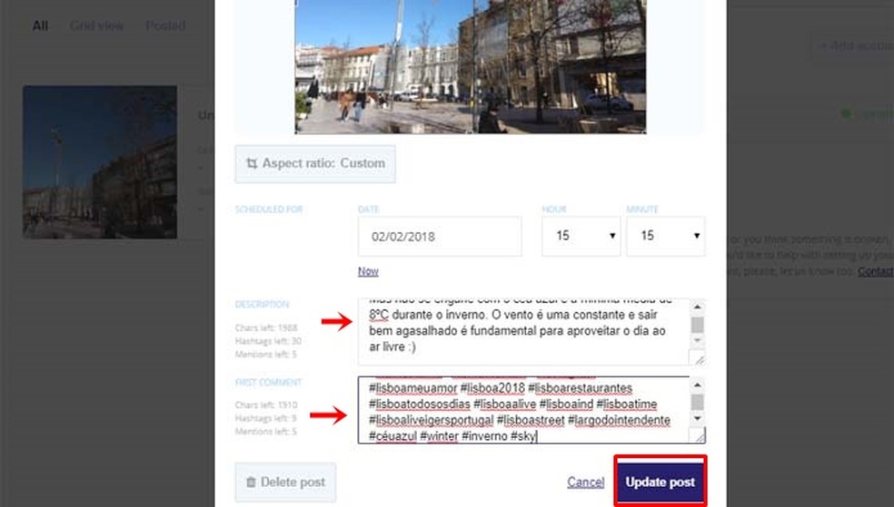 Clique em "Update post" para concluir o agendamento no Postedo (Foto: Reprodução/ Taysa Coelho)