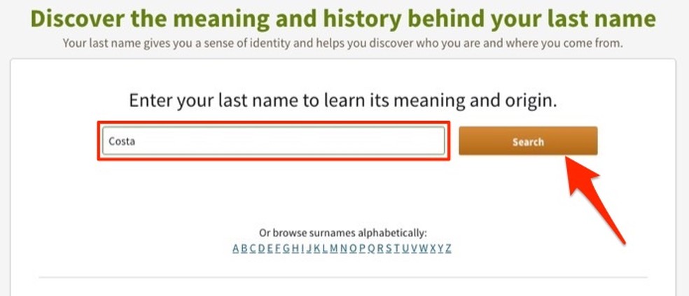 Ação para iniciar uma busca por sobrenome no site Ancestry — Foto: Reprodução/Marvin Costa