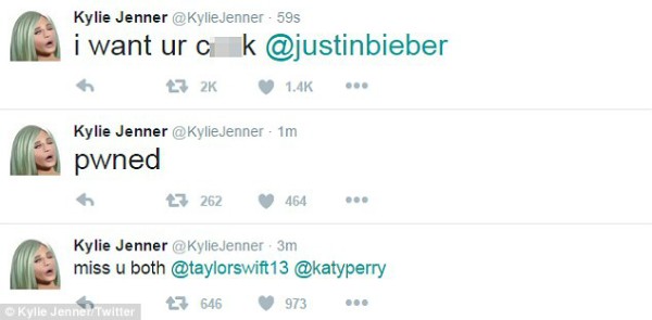 As mensagens publicadas por um hacker na conta de Kylie Jenner no Twitter (Foto: Twitter)