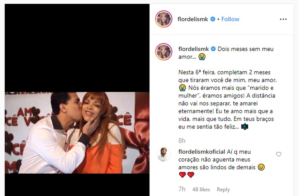 Em uma publicação na internet, Flordelis lamentou a morte do marido e postou um vídeo com depoimentos do casal — Foto: Reprodução Redes Sociais