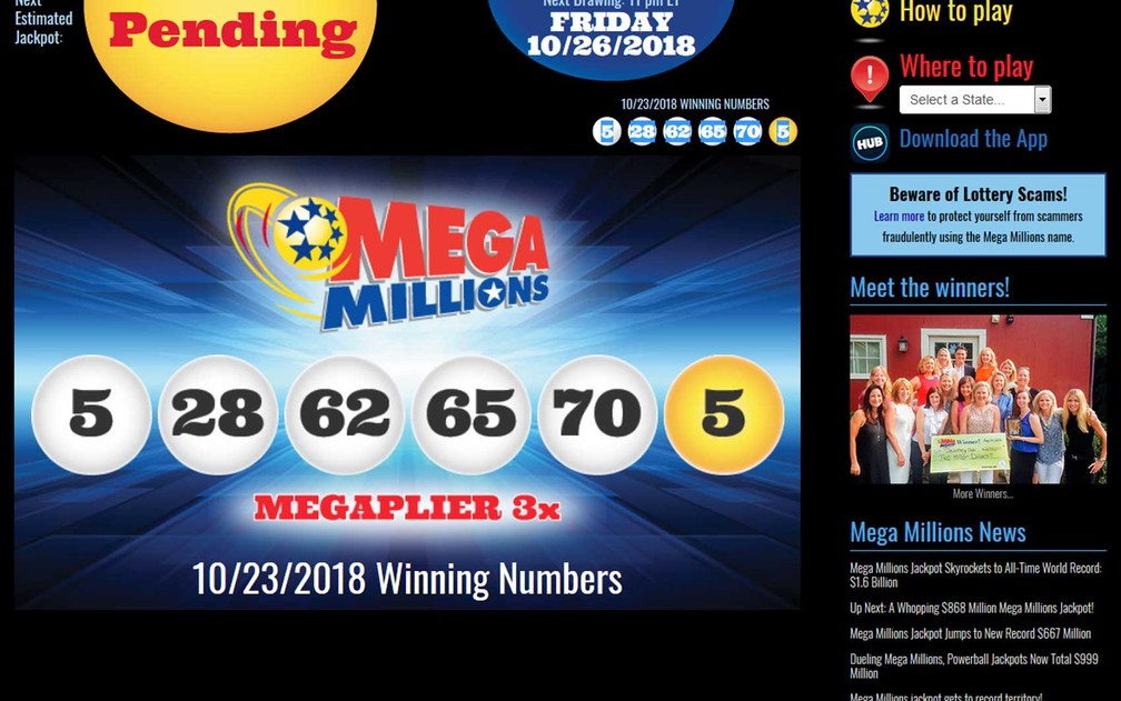 Jackpot 5, 28, 62, 65 e 70, com uma Mega Ball 5, da Mega Millions — Foto: Reprodução / megamillions.com