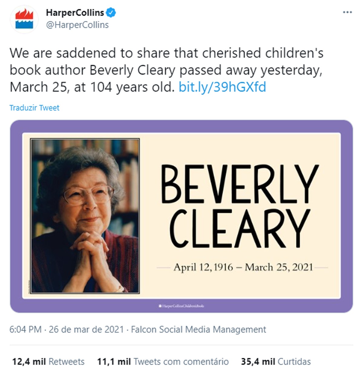 Editora HarperCollins anuncia morte da autora Beverly Cleary (Foto: Reprodução/Twitter)