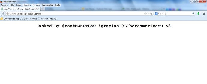 Site página oficial Uberlândia Esporte Clube hackeado hackers (Foto: Reprodução)