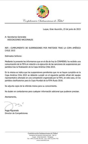 Fax da Conmebol sobre suspensão de Neymar (Foto: Reprodução Twitter)