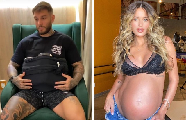 Lucas Lucco simula barriga de grávida amarrando peso no corpo (Foto: Reprodução/Instagram)