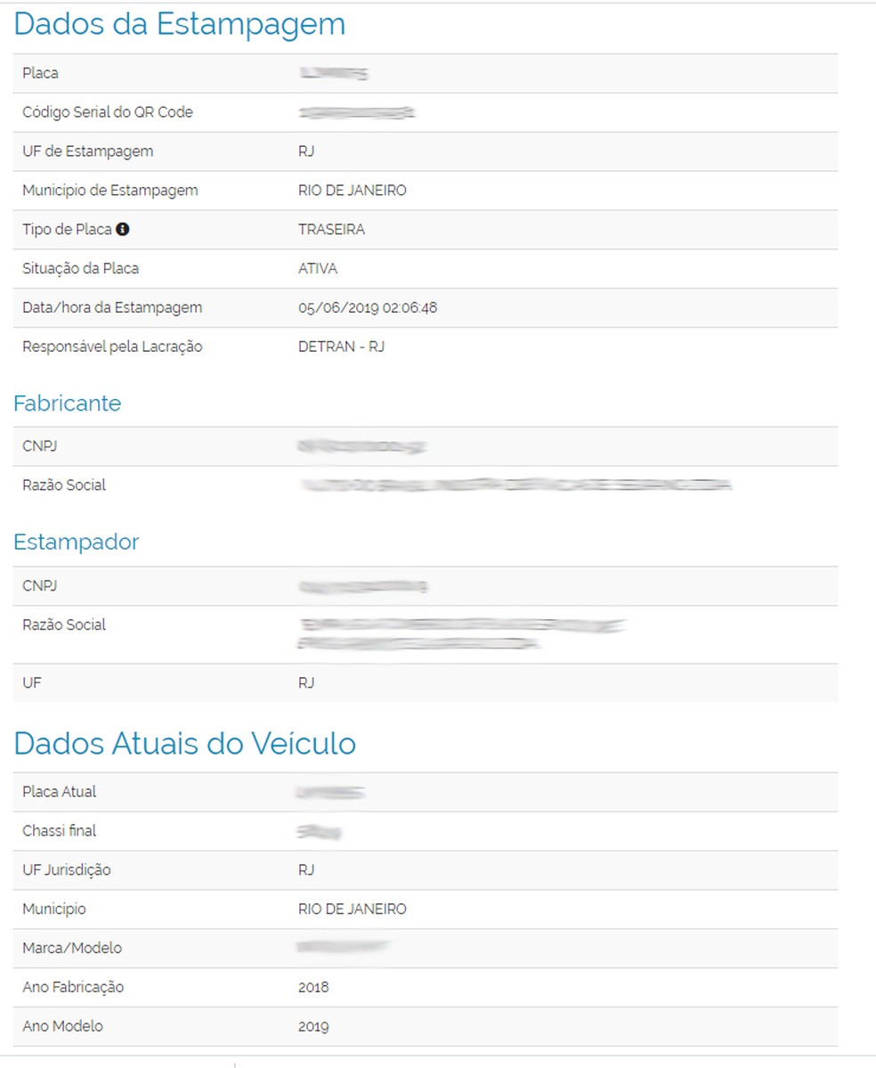 Informações geradas pelo QR code da Placa do Mercosul no site do Denatran — Foto: Reprodução