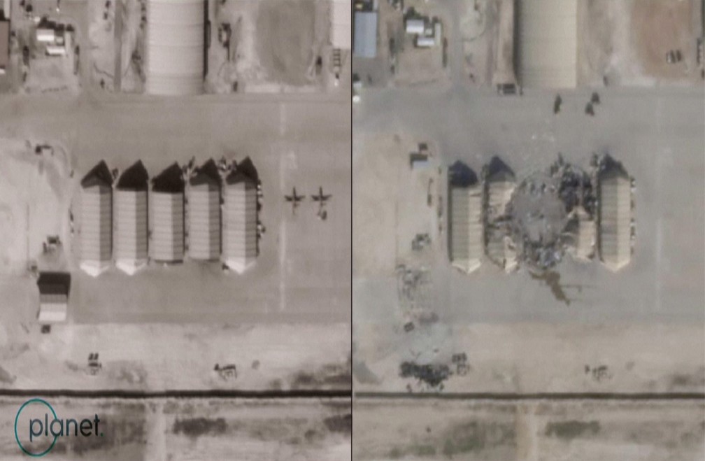 Imagens de satélite mostram antes e depois de ataque iraniano à base aérea de Ain Al-Asad, no Iraque — Foto: Reuters