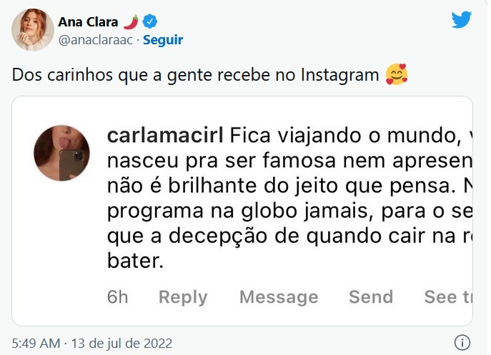 Ana Clara Lima expõe post de hater (Foto: Reprodução/Twitter)