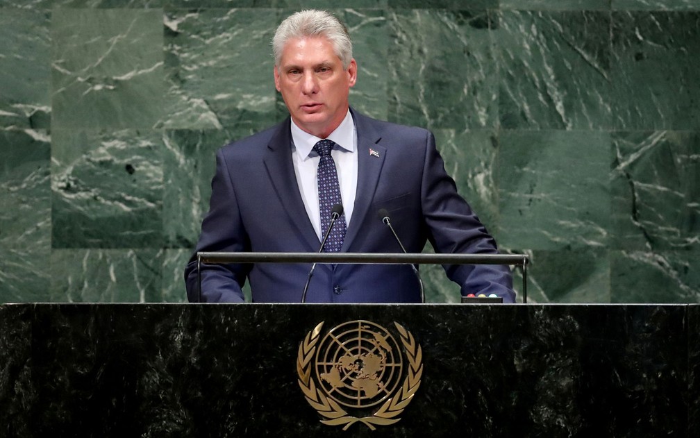 O presidente de Cuba, Miguel Díaz-Canel, discursa na 73ª Assembleia Geral da ONU, em Nova York, em 2018 — Foto: Reuters/Carlo Allegri
