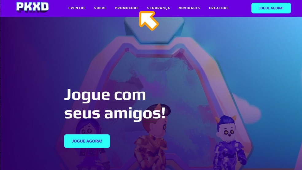 Acesse o site oficial de PK XD e selecione "Promocode" na parte superior da tela — Foto: Reprodução/Rafael Monteiro