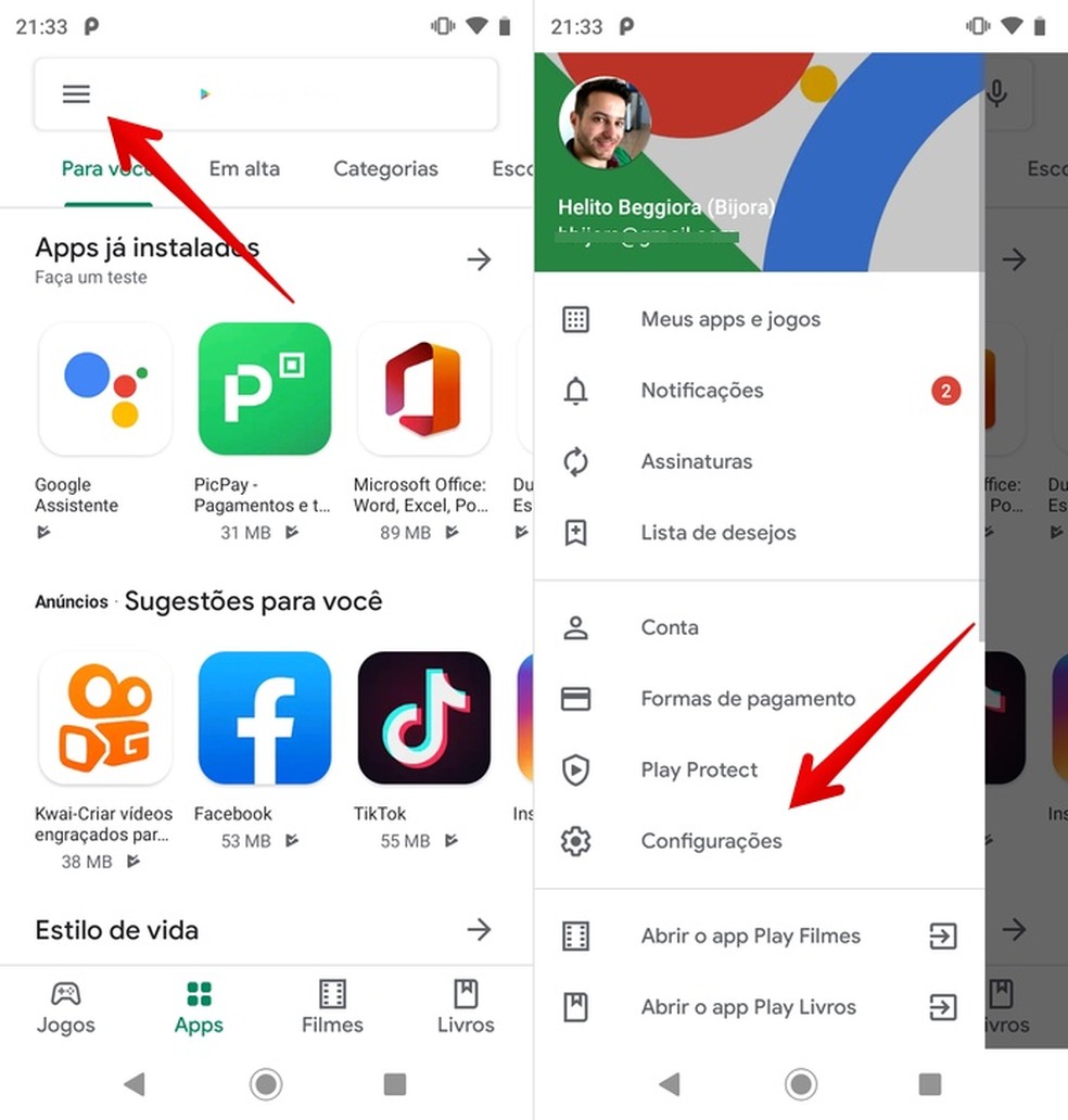 Acesse as configurações do Google Play — Foto: Reprodução/Helito Beggiora