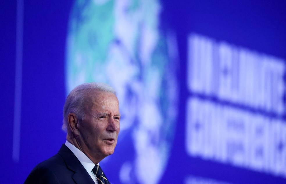 Joe Biden, dos EUA, durante o primeiro dia da COP26 em Glasgow, em 1º de novembro de 2021 — Foto: Yves Herman / POOL / AFP