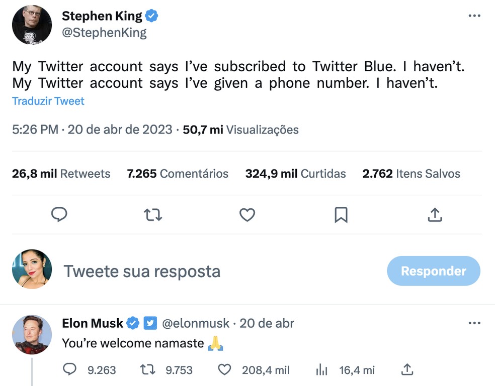 Stephen King diz que n&atilde;o pagou para ter o selo azul de verifica&ccedil;&atilde;o no Twitter e recebe resposta de Elon Musk: "De nada!" &mdash; Foto: Reprodu&ccedil;&atilde;o / Twitter