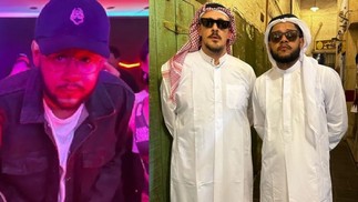 Na festa da cervejaria, Emicida foi tietado por fãs brasileiros. De dia, usou trajes cataris para turistar por Doha — Foto: Reprodução/Instagram