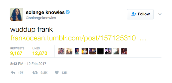 A mensagem na qual Solange Knowles sugere o boicote aos próximos Grammys (Foto: Twitter)