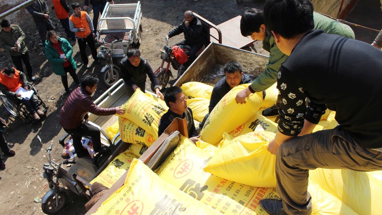 Trabalhadores carregam sacas de fertilizantes em Nangong  (Foto: REUTERS/Stringer)