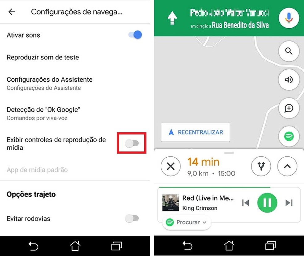 É possível interagir com players de música sem sair da tela do Google Maps — Foto: Reprodução/Maria Dias
