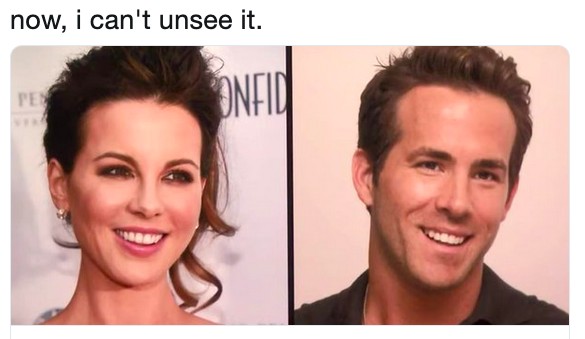 Um meme no Twitter chamando atenção para a suposta semelhança entre a atriz Kate Beckinsale e o ator Ryan Reynolds (Foto: Twitter)