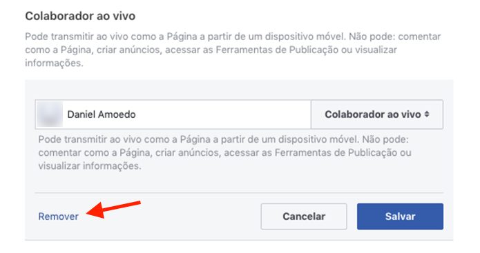 Opção para remover um colaborador ao vivo de uma página do Facebook (Foto: Reprodução/Marvin Costa