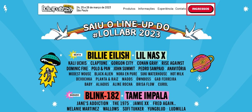 Página oficial do Lollapalooza Brasil 2023 para compra de ingressos — Foto: Reprodução/Gabrielle Garcia