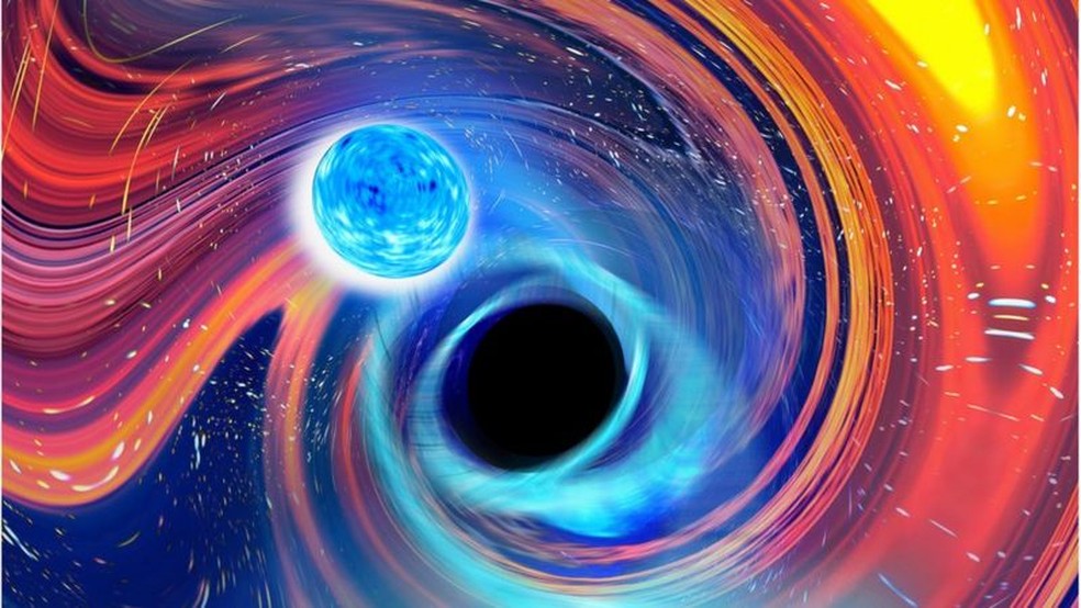 Impressão artística de uma estrela de nêutrons caindo em um buraco negro — Foto: Carl Knox/Ozgrav