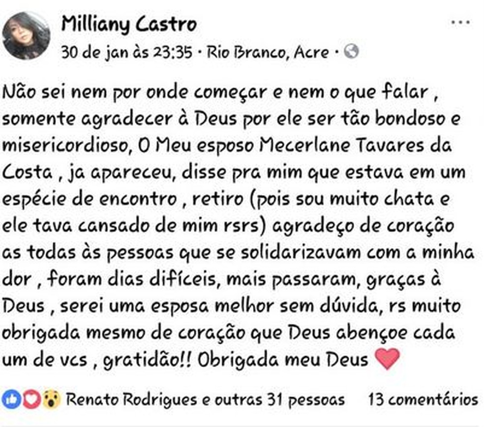 Milliany Castro desabafou no Facebook após marido voltar para casa (Foto: Reprodução/Facebook)