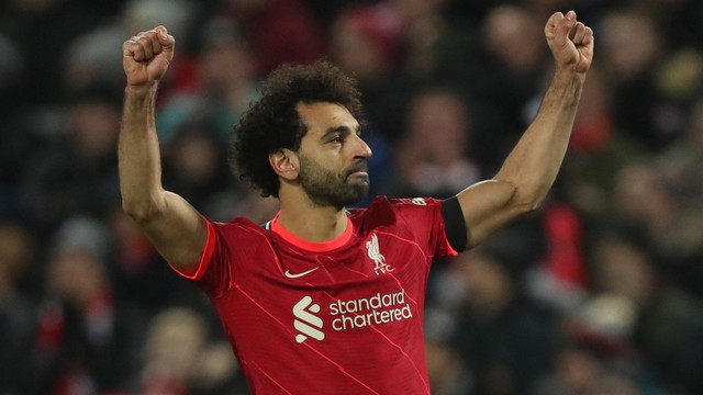 Mohamed Salah comemora o gol em Liverpool x Aston Villa