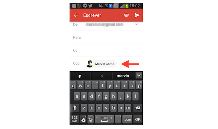 Adicionando um contato a cópia oculta de uma mensagem do Gmail para Android (Foto: Reprodução/Marvin Costa)