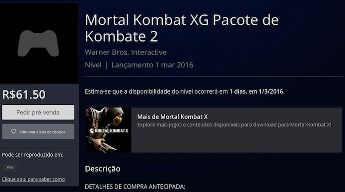 Mortal Kombat X: adquira o pacotes de DLCs separadamente no PS4 (Foto: Reprodução/Victor Teixeira)