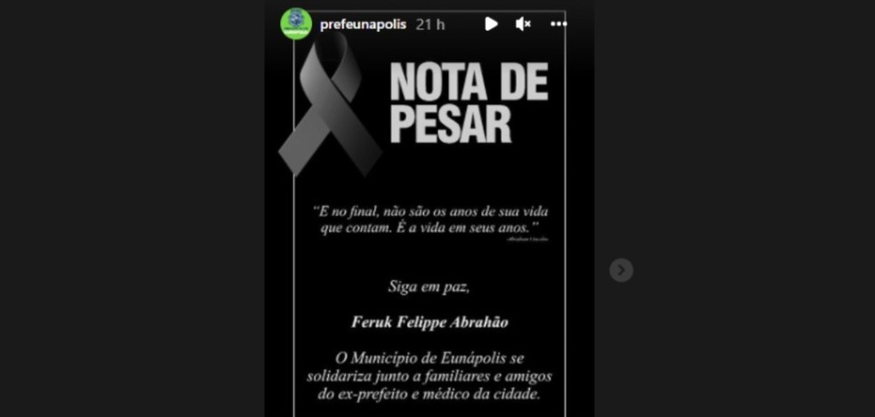 Por meio de nota, prefeitura de Eunápolis lamentou a morte de Feruk Felippe Abrahão — Foto: Reprodução/Redes Sociais