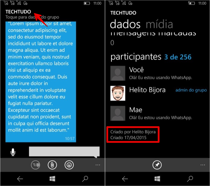 Descobrindo a data de criação de um grupo no Windows Phone (Foto: Reprodução/Helito Bijora) 
