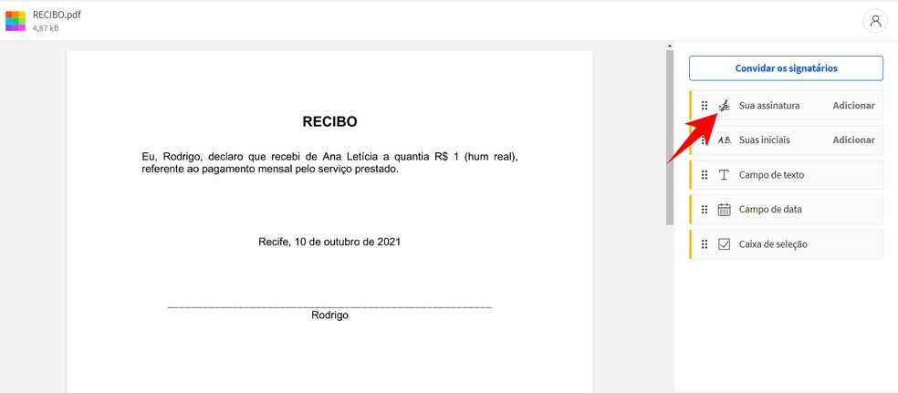 Assinar PDF online: ação para adicionar assinatura digital usando Small PDF — Foto: Reprodução/Rodrigo Fernandes