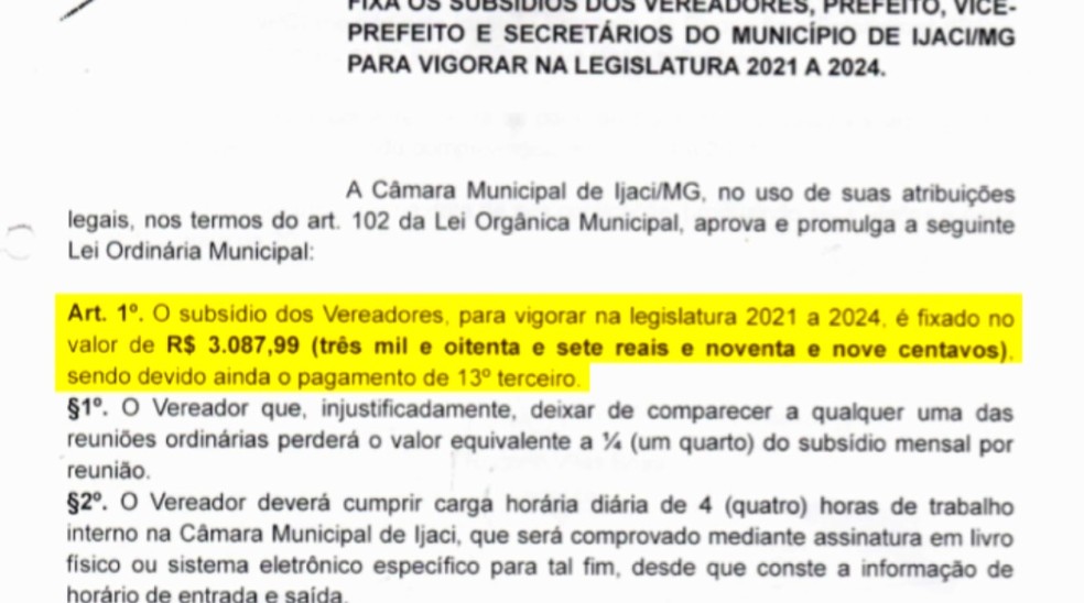 Projeto prevê aumento de salário para vereadores, prefeito e vice em Ijaci (MG) — Foto: Reprodução/EPTV