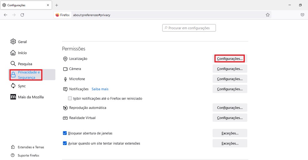Restrinja o acesso a sua localização no Firefox para garantir maior privacidade — Foto: Reprodução/Juliana Campos
