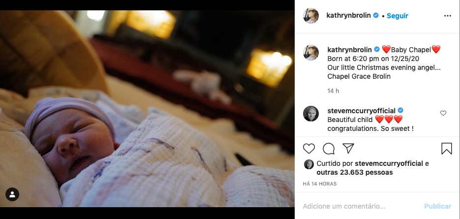 O post de Kathryn Brolin, esposa do ator Josh Brolin, anunciando o nascimento da filha caçula dos dois (Foto: Instagram)