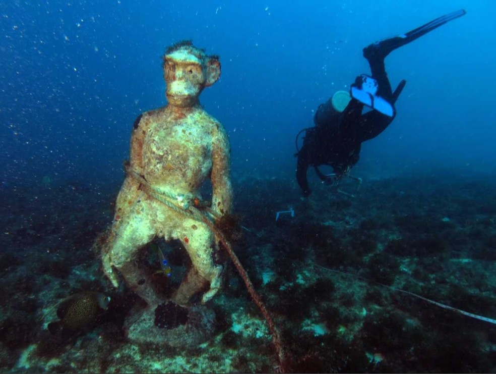 A estátua foi achada dentro d'água com uma corda presa na cintura. — Foto: Labomar-UFC/Mar do Ceará/SEMA