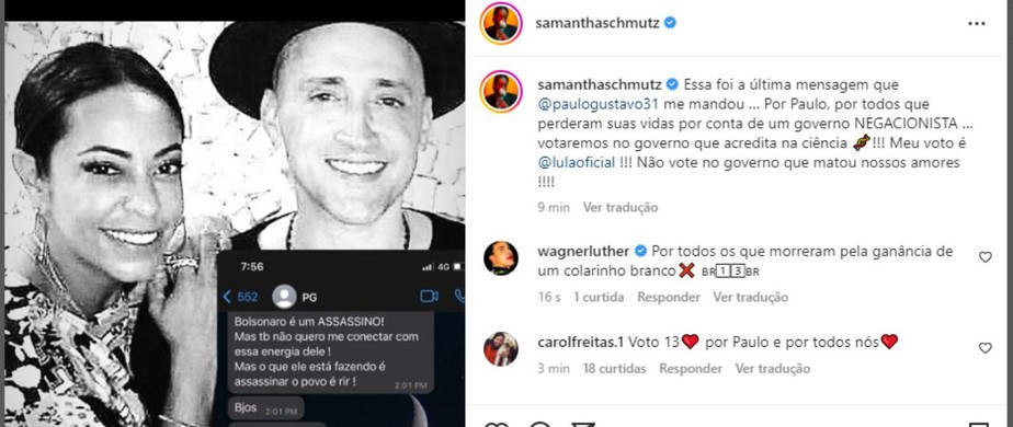 Samantha Schmutz revela última mensagem que recebeu de Paulo Gustavo