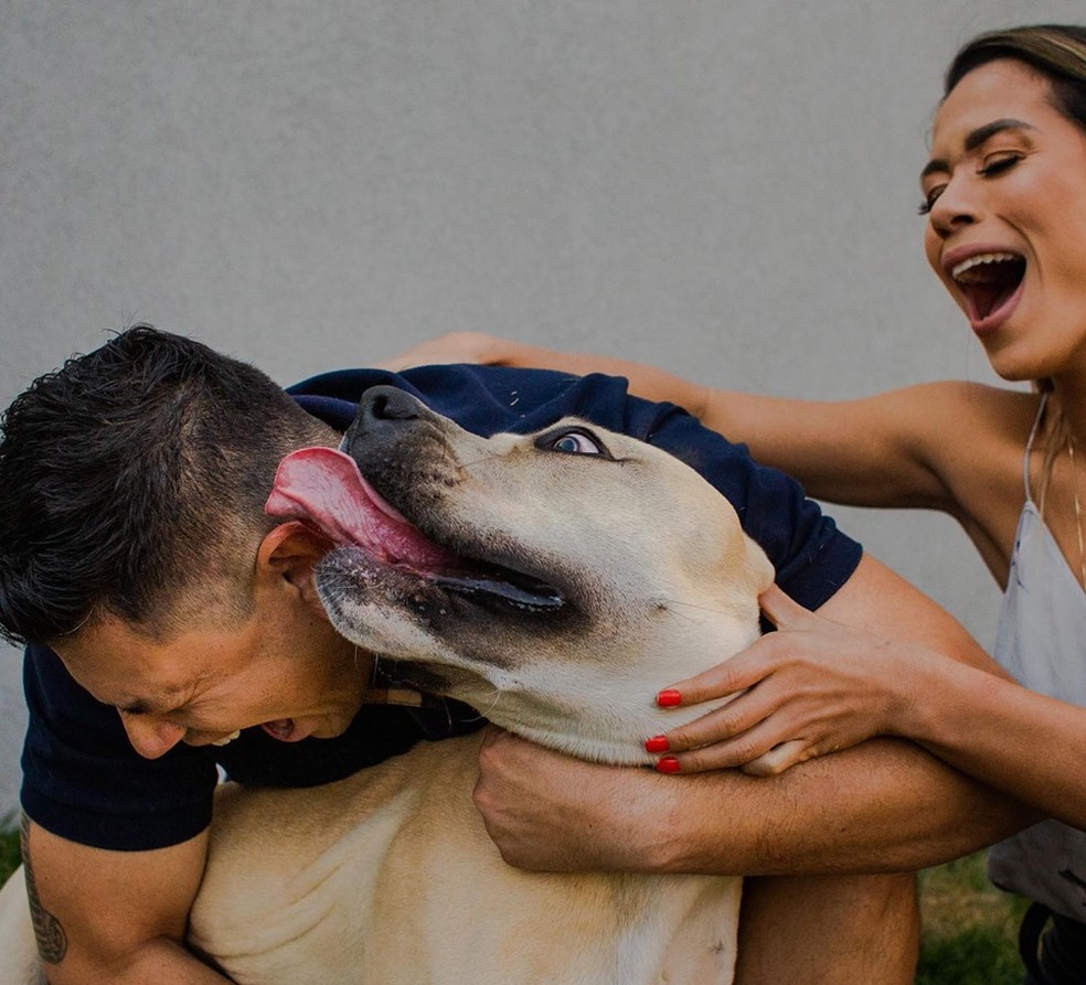 Noivos caem na risada com cão brincalhão durante sessão de fotos. — Foto: Nícolas Carrelo