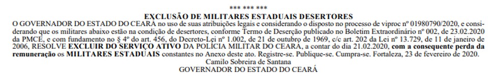 Trecho publicado em Diário Oficial do Estado com exclusão de policiais militares desertores — Foto: Reprodução