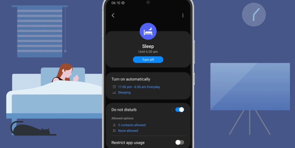 Na hora de dormir, você pode desligar o som e ligar o modo Escuro para relaxar — Foto: Reprodução/Samsung